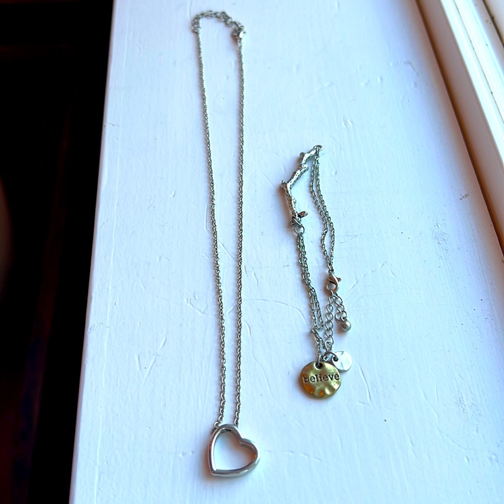 EUC Silver chain with heart pendant & Believe bracelet with branch